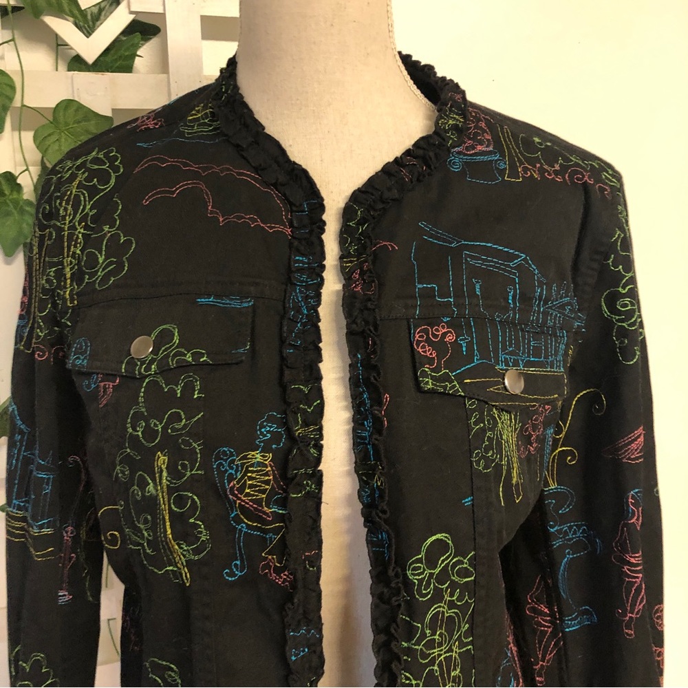 Vintage Embroidered Artsy Bohemian Blazer Black and Rainbow Scenes Sz M
